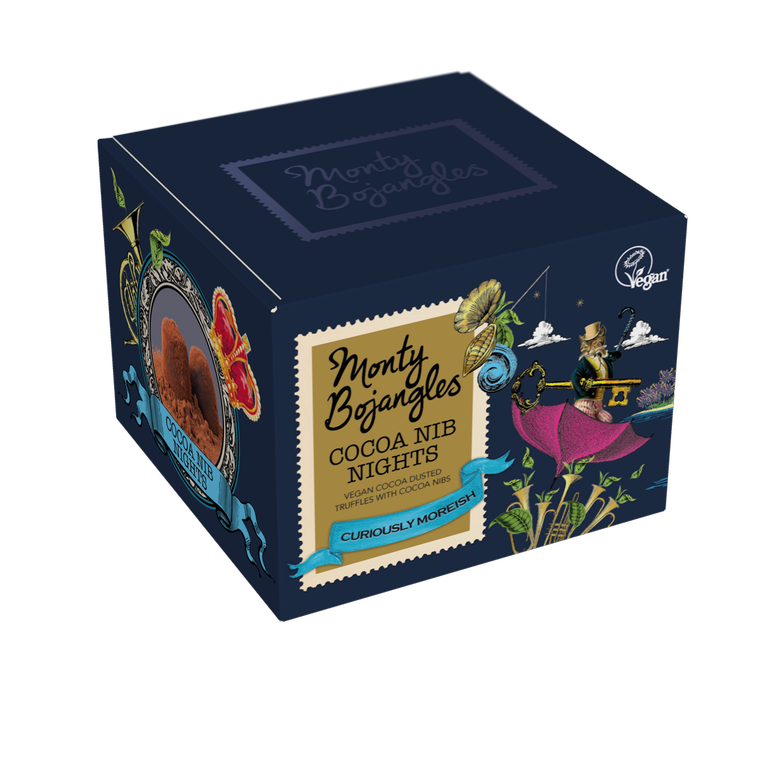 Een donkerblauw doosje met Monty Bojangles chocoladetruffels in de smaak Cocoa Nib Nights.
