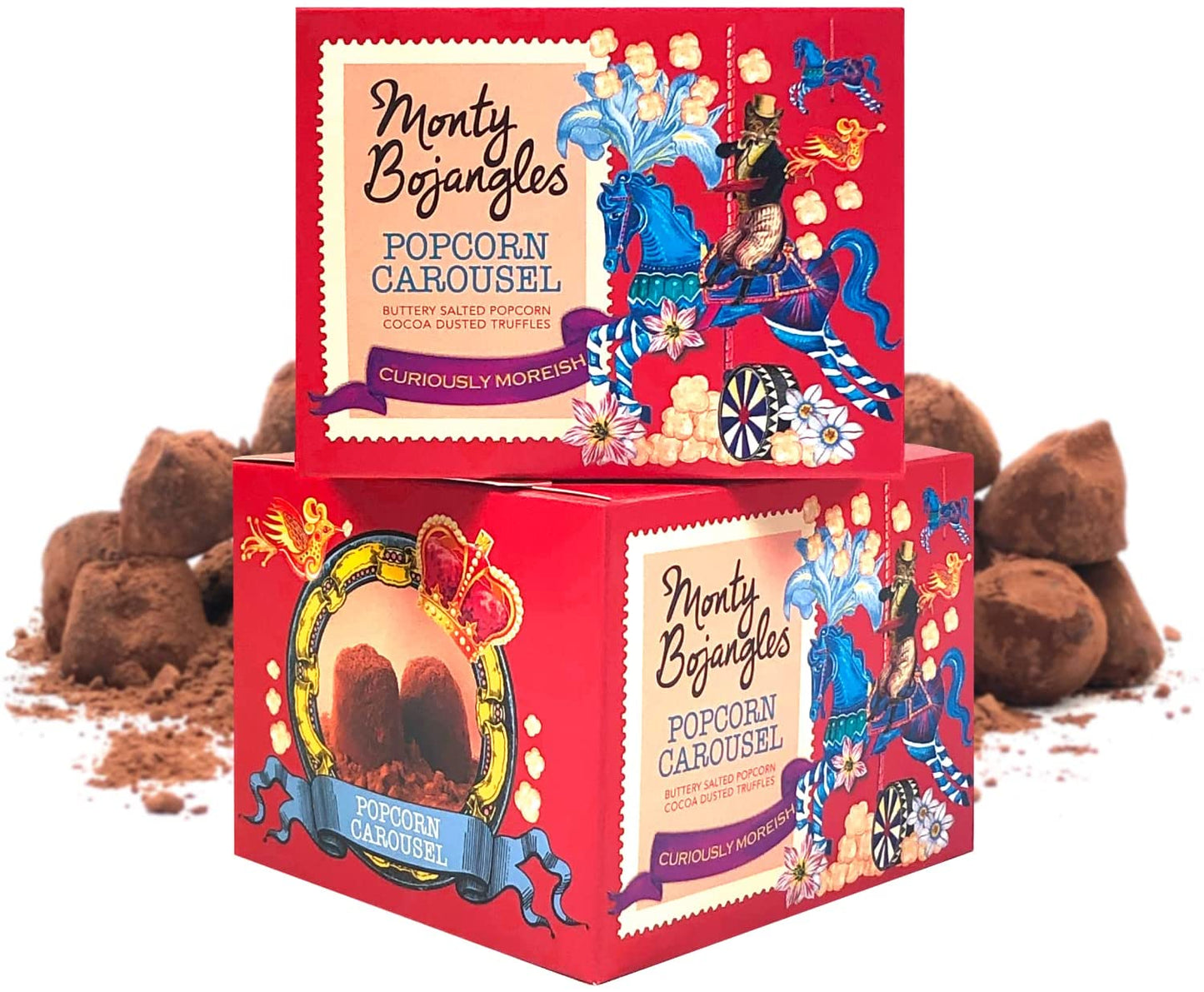 Op de foto staan twee doosjes met Monty Bojangles chocoladetruffels in de smaak Popcorn Carousel.