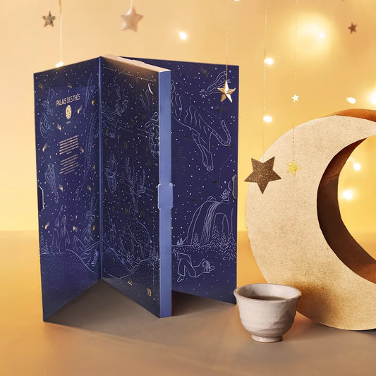 Nachtblauwe Palais des Thés luxe adventskalender 2026 met gouden sterren gevuld met thee, bij Buro Fudge in Woerden