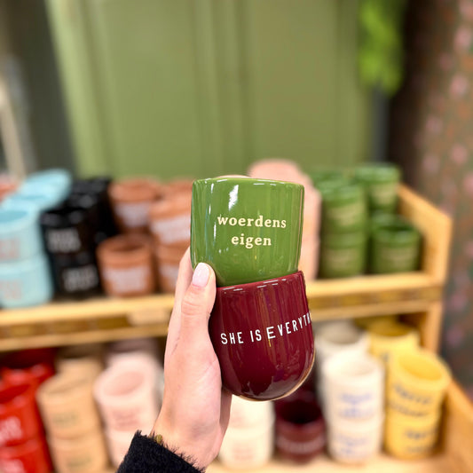 Op de foto staat een hand die twee mokken vasthoudt. Een groene mok met de tekst 'Woerdens eigen', op de donkerrode mok staat 'She is everything'.