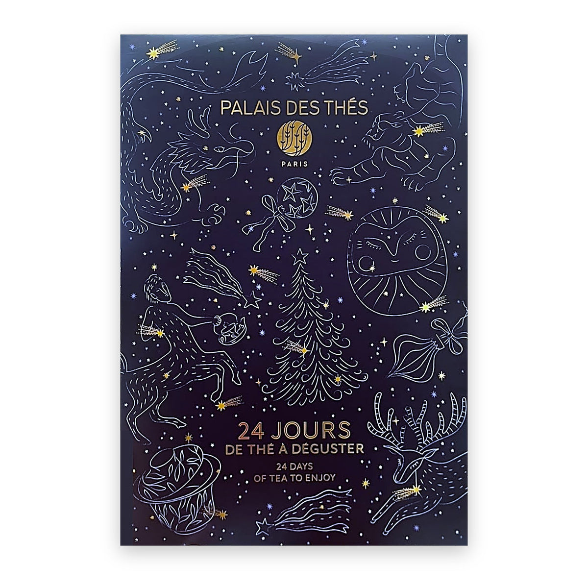 Productfoto van Palais des Thés adventskalender thee 2026, nachtblauwe verpakking met getekende sterrenbeelden en gouden sterren