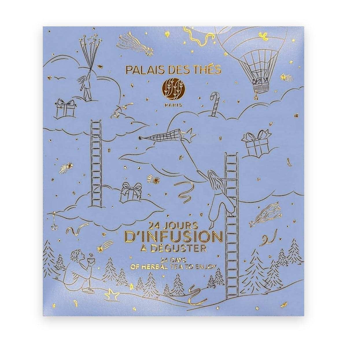 Palais des Thés kruidentheekalender 2026, hemelsblauw met wolken, ladders en gouden sterren