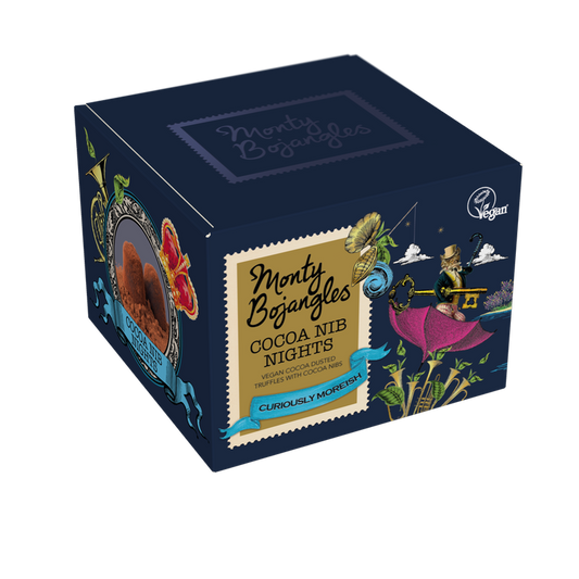 Een donkerblauw doosje met Monty Bojangles chocoladetruffels in de smaak Cocoa Nib Nights.