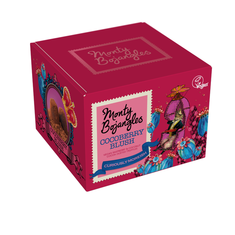 Een knalroze doosje Monty Bojangles chocoladetruffels in de smaak Cocoberry Blush.