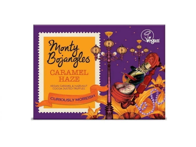 Een doosje Monty Bojangles in de smaak Caramel Haze staat voor een witte achtergrond. 