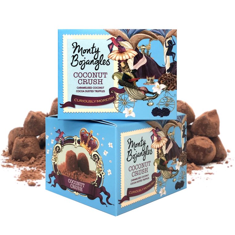 Op de foto staan twee lichtblauwe doosjes Monty Bojangles in de smaak Coconut Crush.